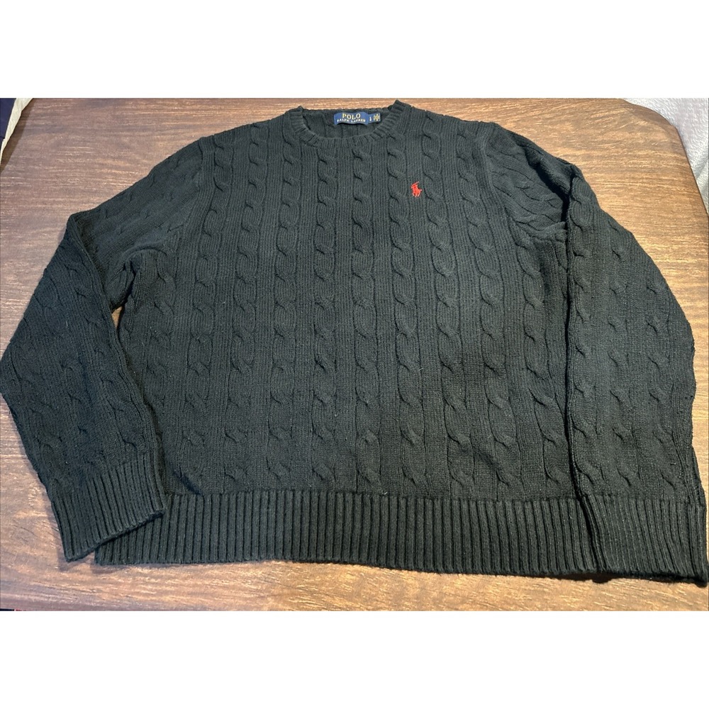 Polo Ralph Lauren Men's Navy Blue Sweater XL Cable Knit Crewneck Cotton Red Pony